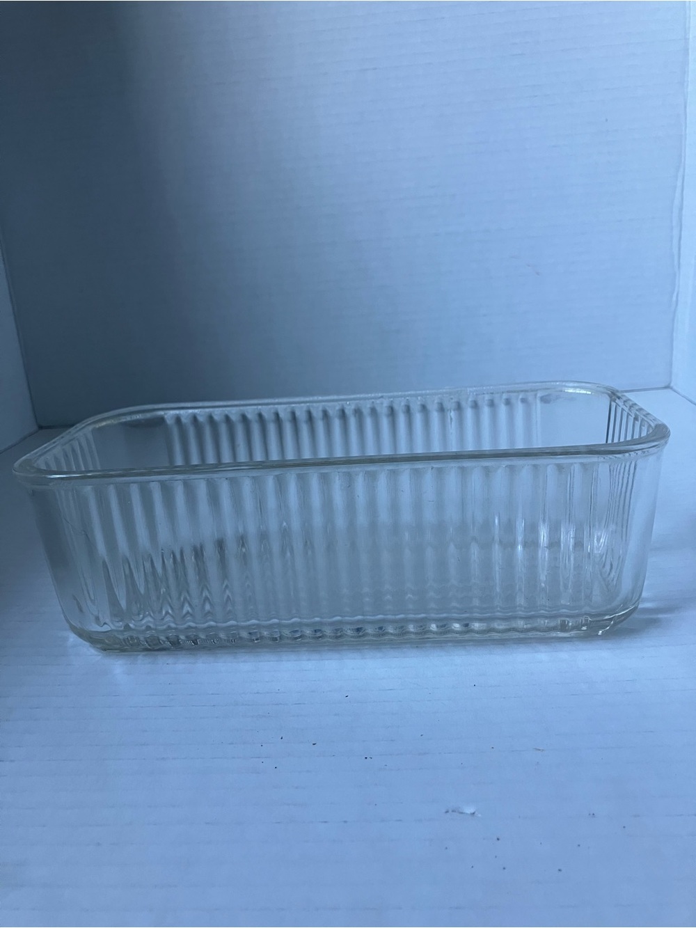 Vintage Clear Ribbed Glass Refrigerator Dish - Clear Aprox 4x8” no lid